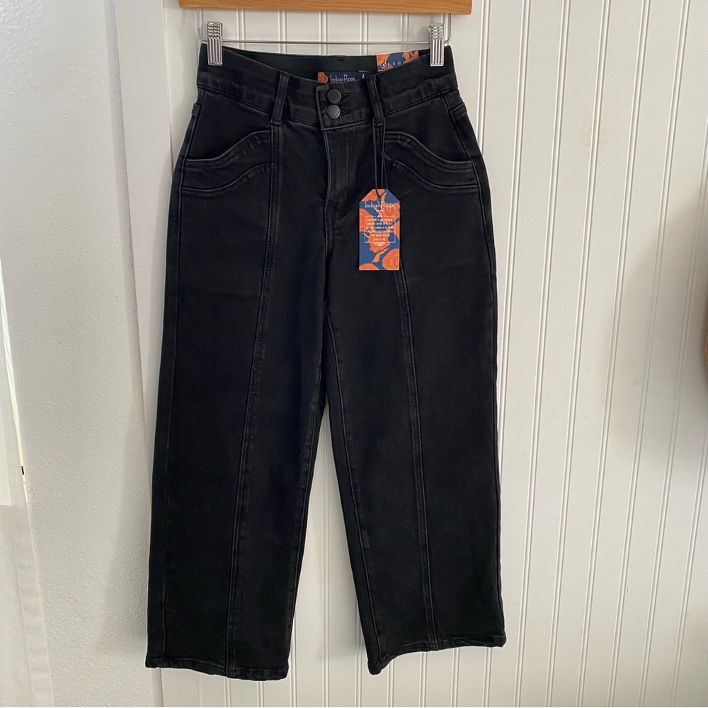 Indigo Poppy Wide Leg Black Crop Jeans Pants Tummy Control Size 4 Stretch Denim